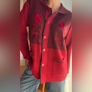 Vintage Red Rose Floral Embroidered Knit Cardigan Button Up Sweater Cottagecore